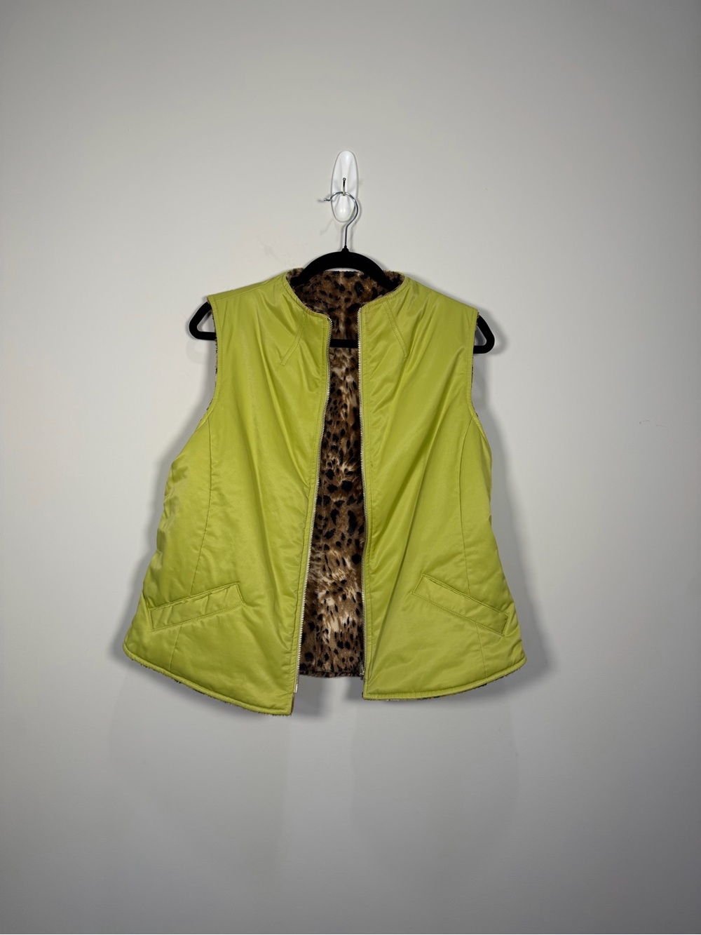 Reversible Leopard Faux Fur Lime Green Zip Vest Statement Y2K - Picture 5 of 5